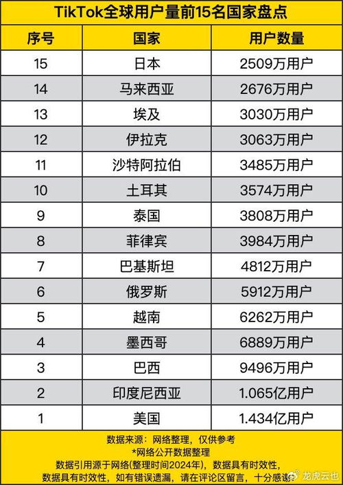 TikTok全球用户量前15名国家概览